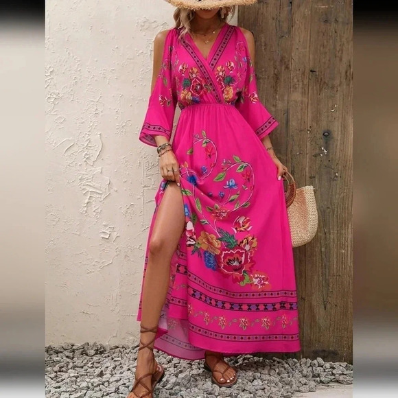Floral Print Cold Shoulder Split Thigh Dress - Picture 1 of 8